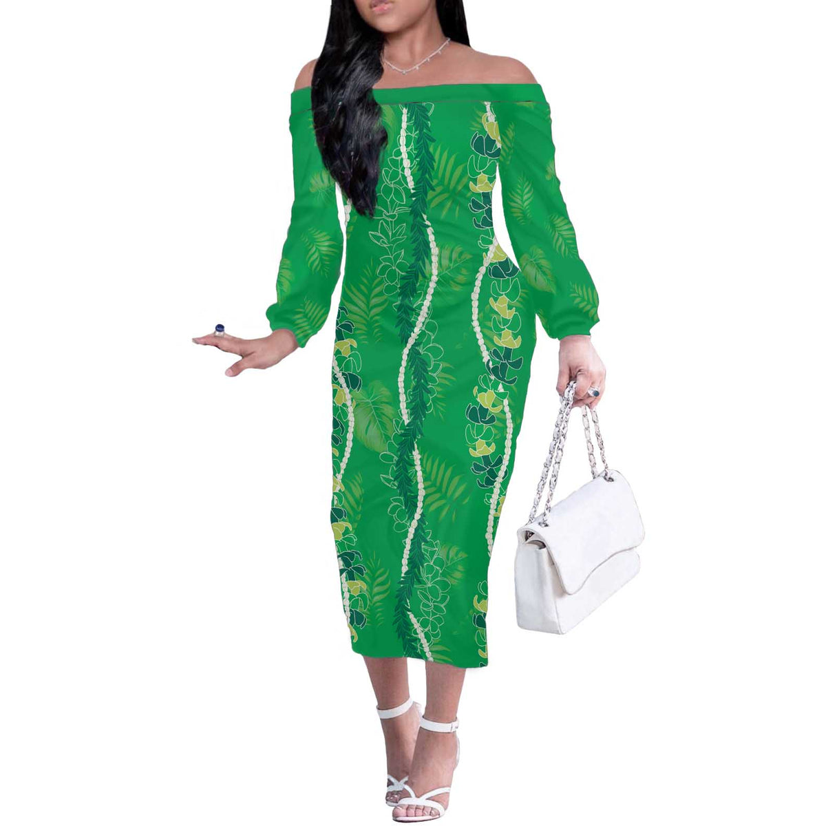 Hawaii Maile Lei Off The Shoulder Long Sleeve Dress With Green Monstera Pattern LT05 Women Green - Polynesian Pride