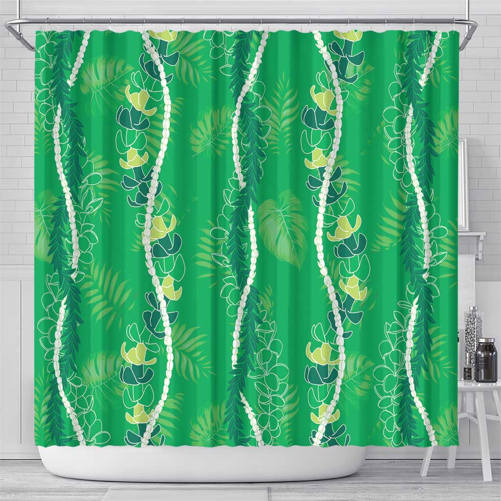 Hawaii Maile Lei Shower Curtain With Green Monstera Pattern