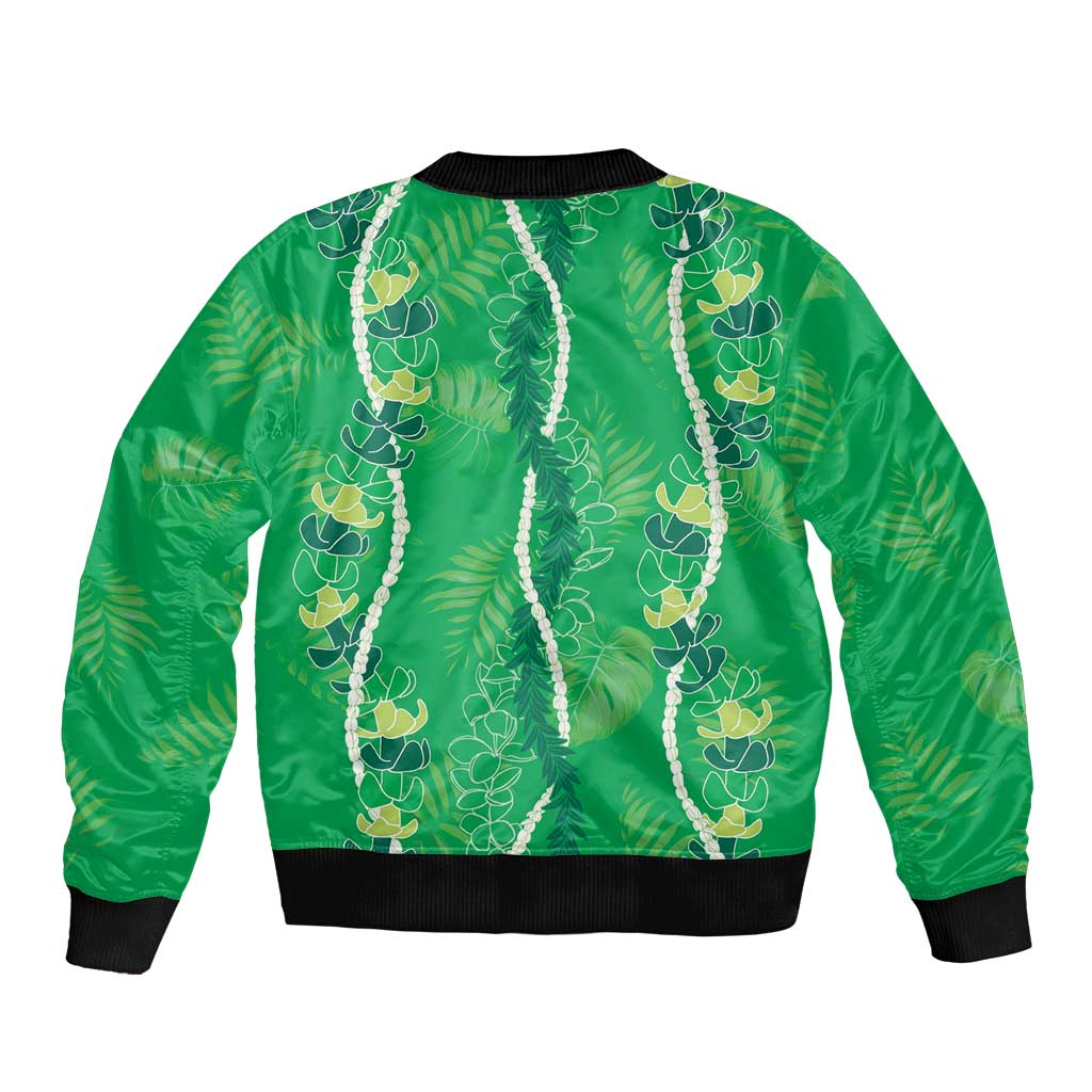 Hawaii Maile Lei Sleeve Zip Bomber Jacket With Green Monstera Pattern