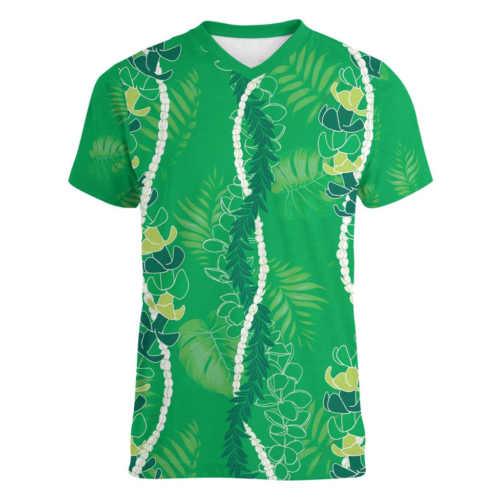Hawaii Maile Lei Women V-Neck T-Shirt With Green Monstera Pattern LT05 Female Green - Polynesian Pride