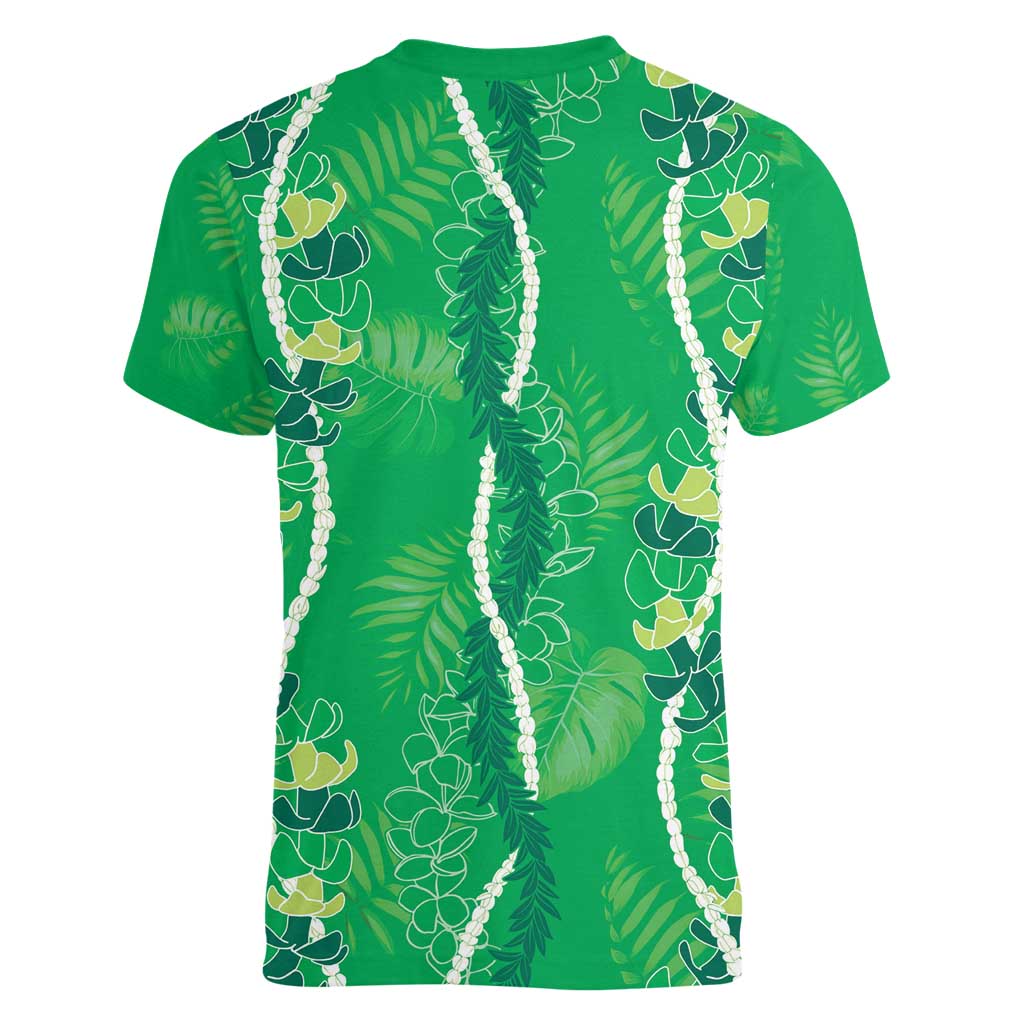 Hawaii Maile Lei Women V-Neck T-Shirt With Green Monstera Pattern LT05 - Polynesian Pride