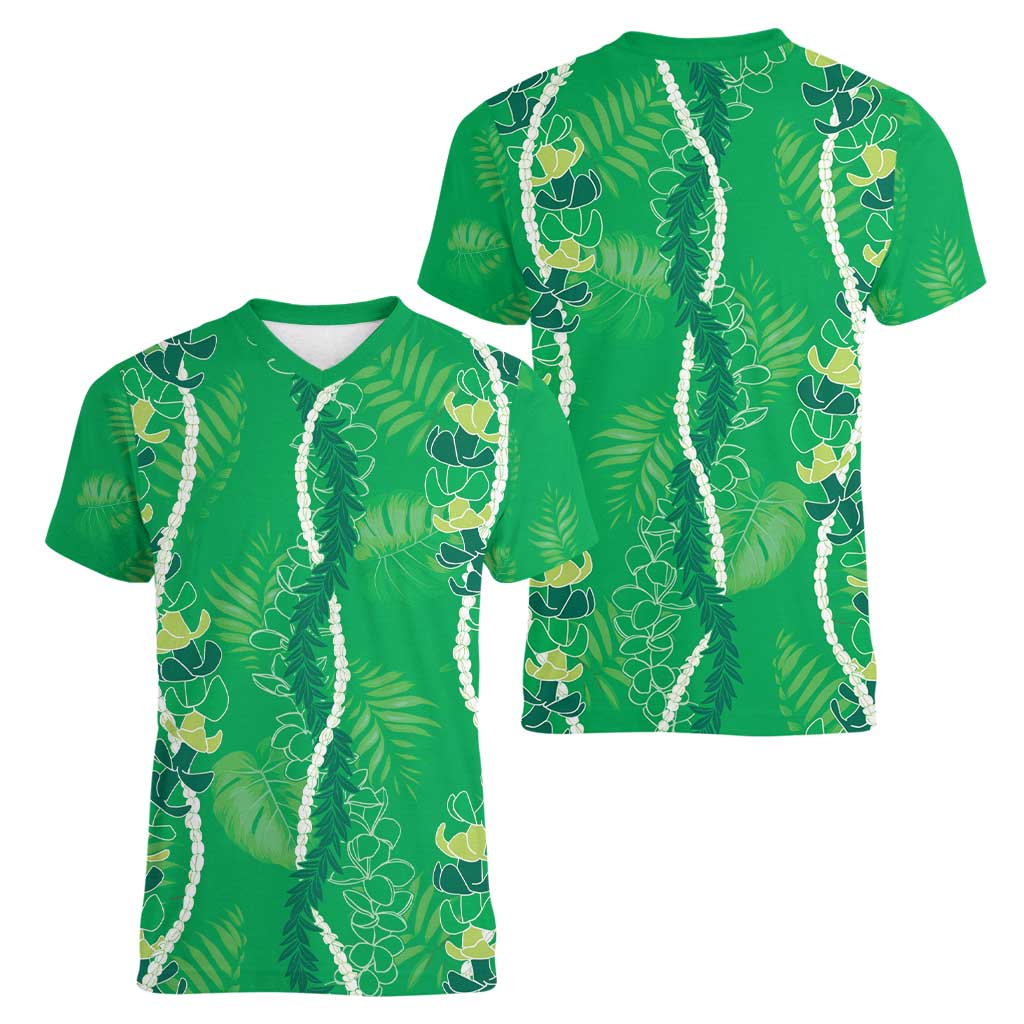 Hawaii Maile Lei Women V-Neck T-Shirt With Green Monstera Pattern LT05 - Polynesian Pride