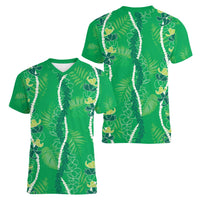 Hawaii Maile Lei Women V-Neck T-Shirt With Green Monstera Pattern LT05 - Polynesian Pride