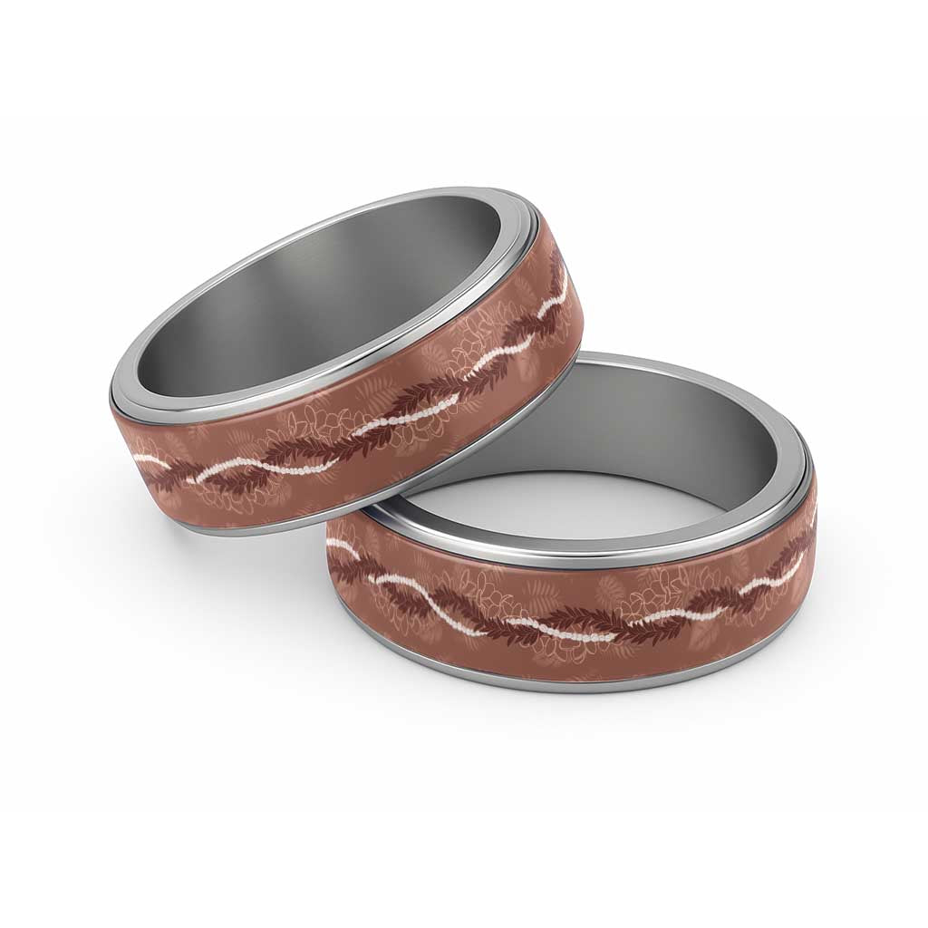 Hawaii Maile Lei Classic Ring With Brown Monstera Pattern - Polynesian Pride