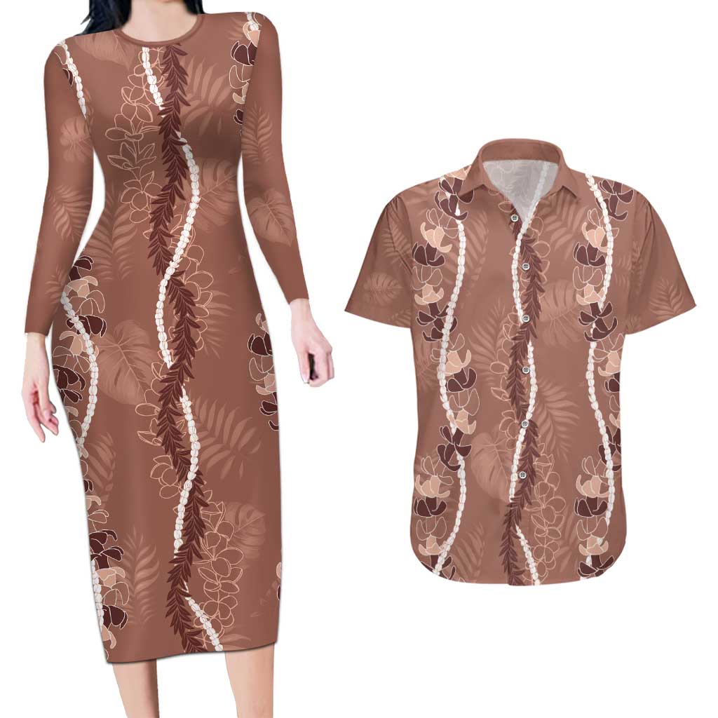 Hawaii Maile Lei Couples Matching Long Sleeve Bodycon Dress and Hawaiian Shirt With Brown Monstera Pattern LT05 Brown - Polynesian Pride