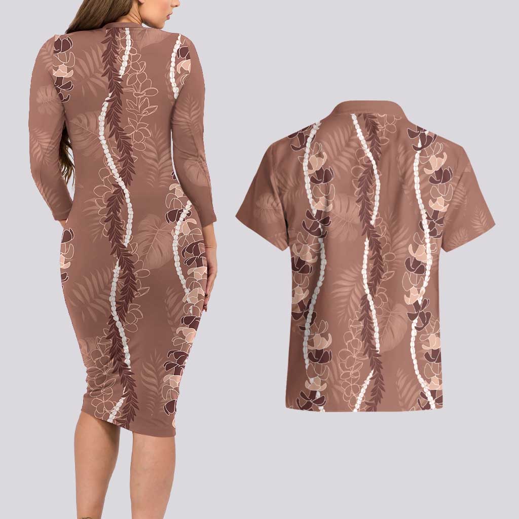 Hawaii Maile Lei Couples Matching Long Sleeve Bodycon Dress and Hawaiian Shirt With Brown Monstera Pattern LT05 - Polynesian Pride