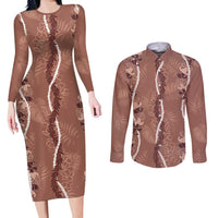 Hawaii Maile Lei Couples Matching Long Sleeve Bodycon Dress and Long Sleeve Button Shirt With Brown Monstera Pattern LT05 Brown - Polynesian Pride