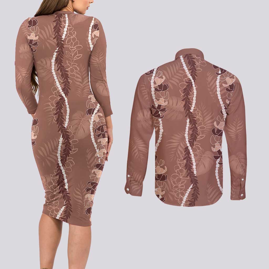 Hawaii Maile Lei Couples Matching Long Sleeve Bodycon Dress and Long Sleeve Button Shirt With Brown Monstera Pattern LT05 - Polynesian Pride