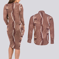 Hawaii Maile Lei Couples Matching Long Sleeve Bodycon Dress and Long Sleeve Button Shirt With Brown Monstera Pattern LT05 - Polynesian Pride