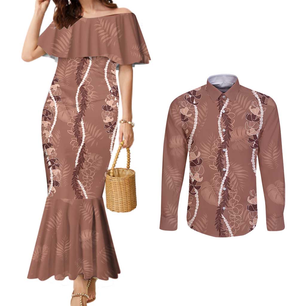 Hawaii Maile Lei Couples Matching Mermaid Dress and Long Sleeve Button Shirt With Brown Monstera Pattern LT05 Brown - Polynesian Pride