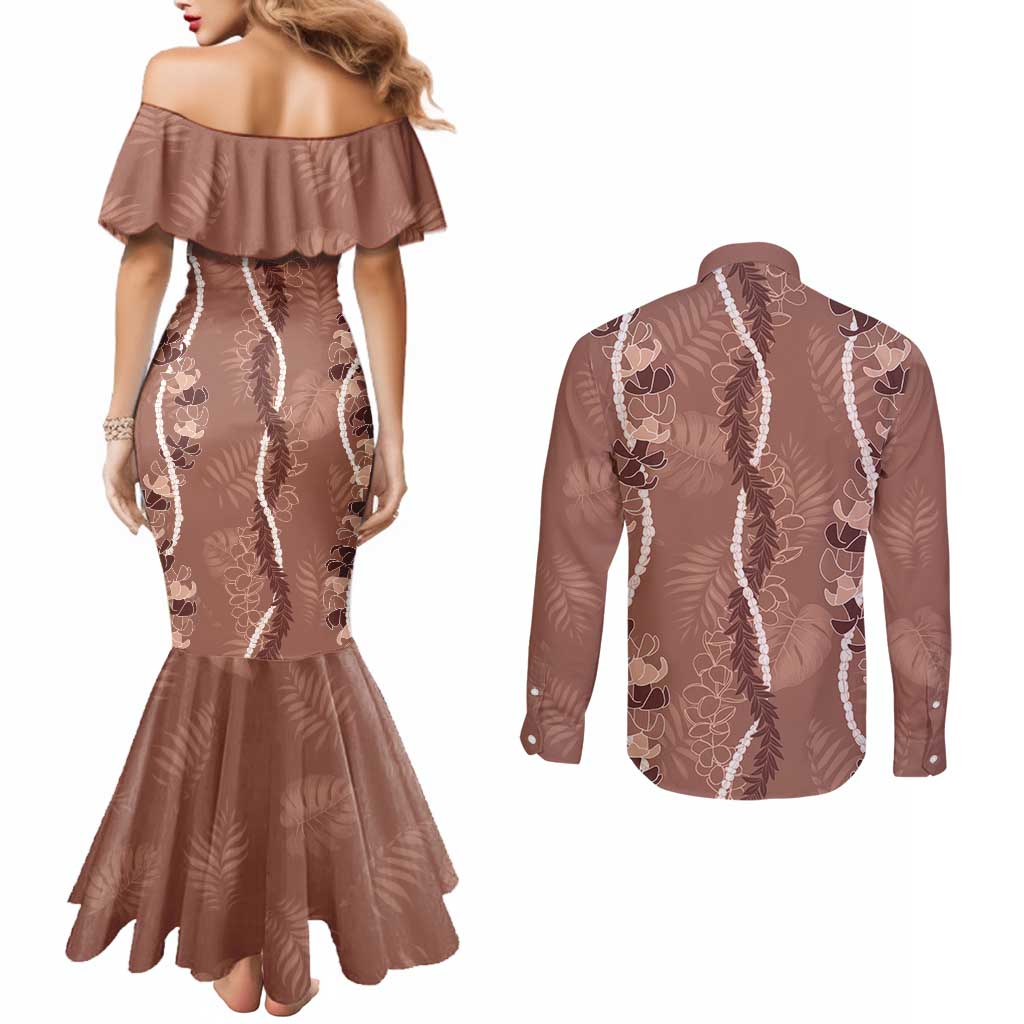 Hawaii Maile Lei Couples Matching Mermaid Dress and Long Sleeve Button Shirt With Brown Monstera Pattern LT05 - Polynesian Pride