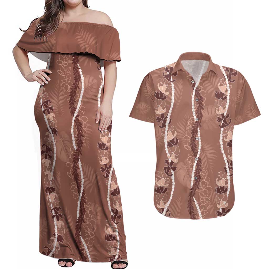 Hawaii Maile Lei Couples Matching Off Shoulder Maxi Dress and Hawaiian Shirt With Brown Monstera Pattern LT05 Brown - Polynesian Pride