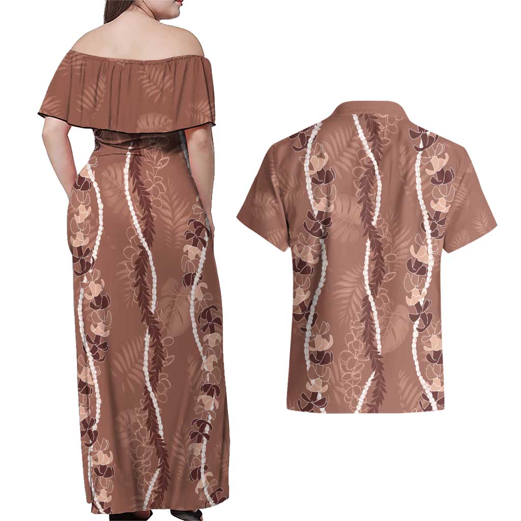 Hawaii Maile Lei Couples Matching Off Shoulder Maxi Dress and Hawaiian Shirt With Brown Monstera Pattern LT05 - Polynesian Pride