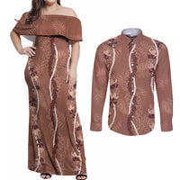 Hawaii Maile Lei Couples Matching Off Shoulder Maxi Dress and Long Sleeve Button Shirt With Brown Monstera Pattern LT05 Brown - Polynesian Pride