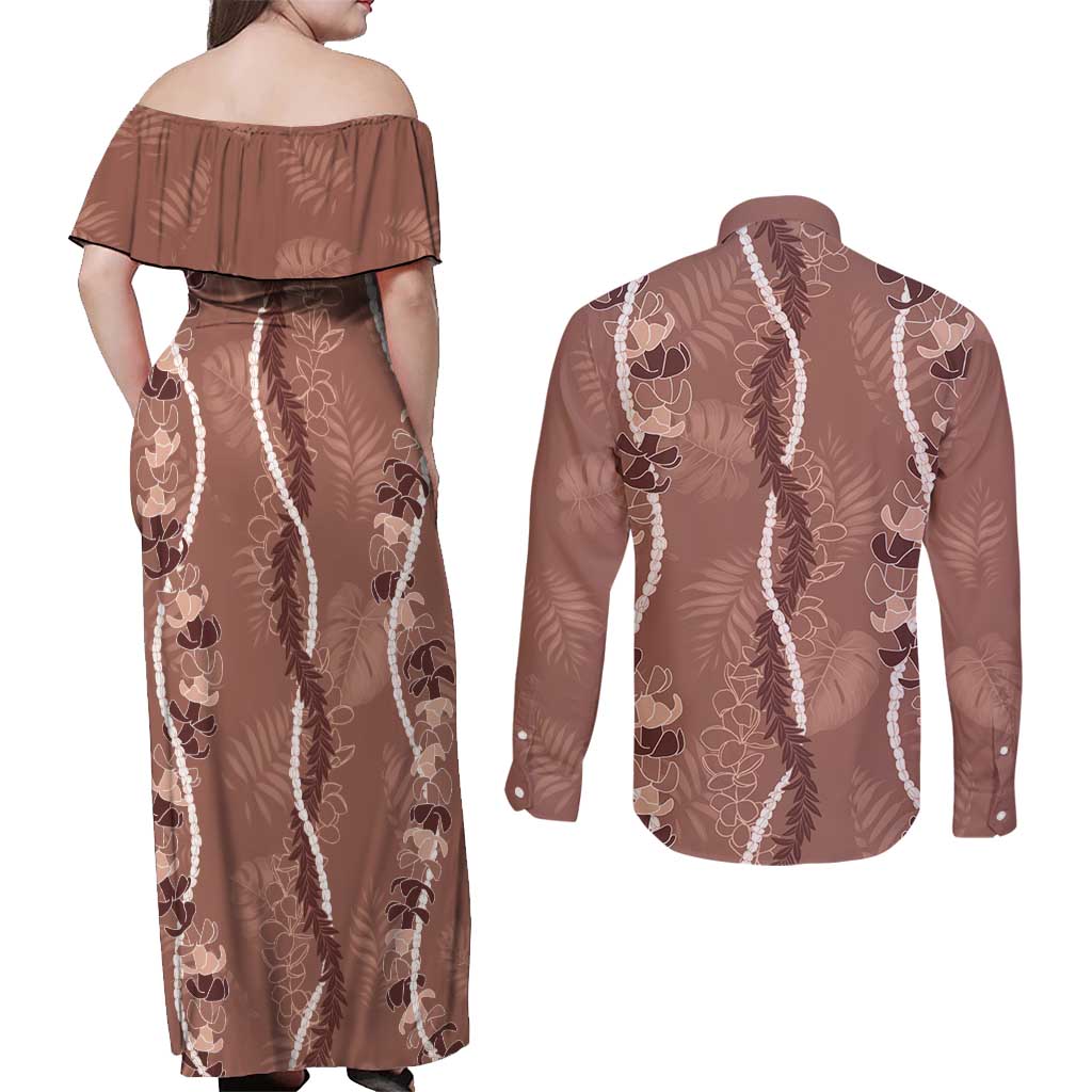 Hawaii Maile Lei Couples Matching Off Shoulder Maxi Dress and Long Sleeve Button Shirt With Brown Monstera Pattern LT05 - Polynesian Pride