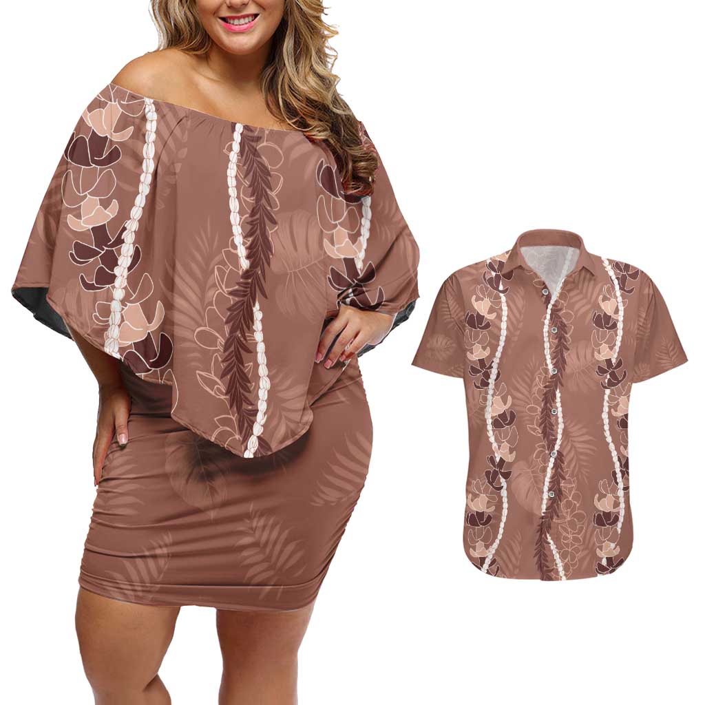 Hawaii Maile Lei Couples Matching Off Shoulder Short Dress and Hawaiian Shirt With Brown Monstera Pattern LT05 Brown - Polynesian Pride