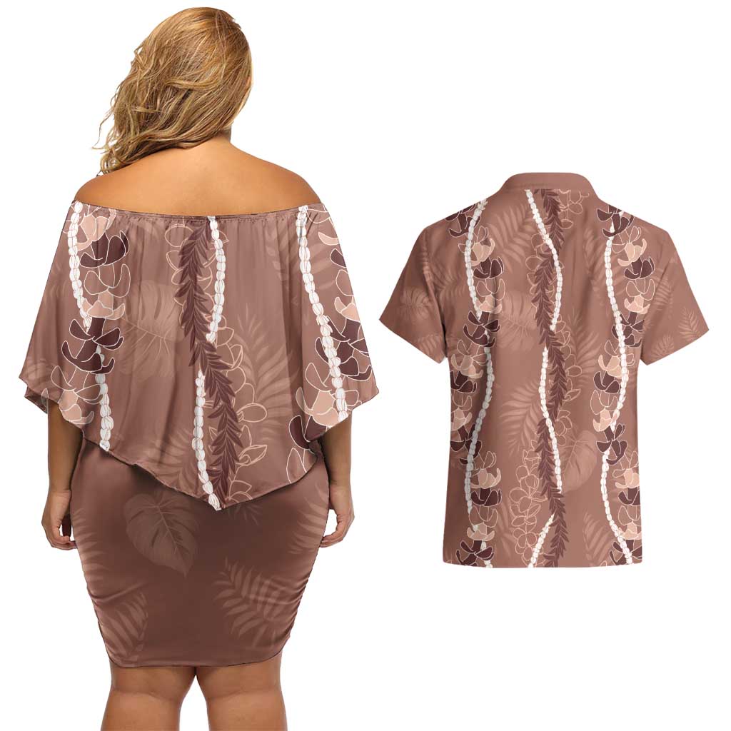 Hawaii Maile Lei Couples Matching Off Shoulder Short Dress and Hawaiian Shirt With Brown Monstera Pattern LT05 - Polynesian Pride