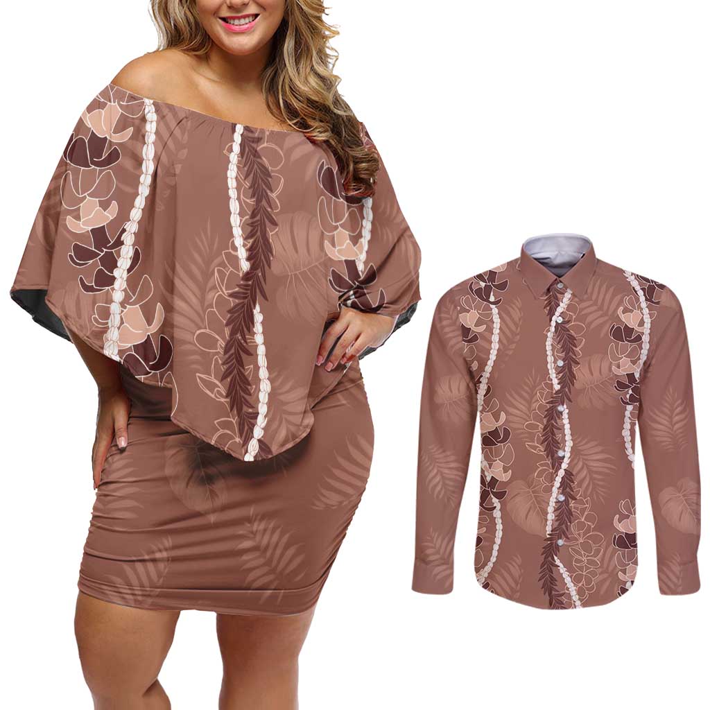 Hawaii Maile Lei Couples Matching Off Shoulder Short Dress and Long Sleeve Button Shirt With Brown Monstera Pattern LT05 Brown - Polynesian Pride