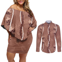 Hawaii Maile Lei Couples Matching Off Shoulder Short Dress and Long Sleeve Button Shirt With Brown Monstera Pattern LT05 Brown - Polynesian Pride