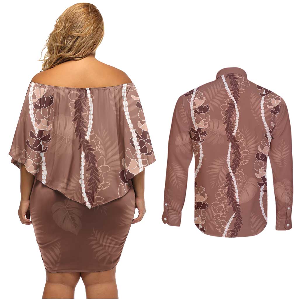 Hawaii Maile Lei Couples Matching Off Shoulder Short Dress and Long Sleeve Button Shirt With Brown Monstera Pattern LT05 - Polynesian Pride