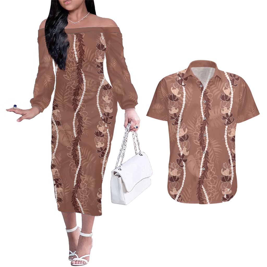 Hawaii Maile Lei Couples Matching Off The Shoulder Long Sleeve Dress and Hawaiian Shirt With Brown Monstera Pattern LT05 Brown - Polynesian Pride