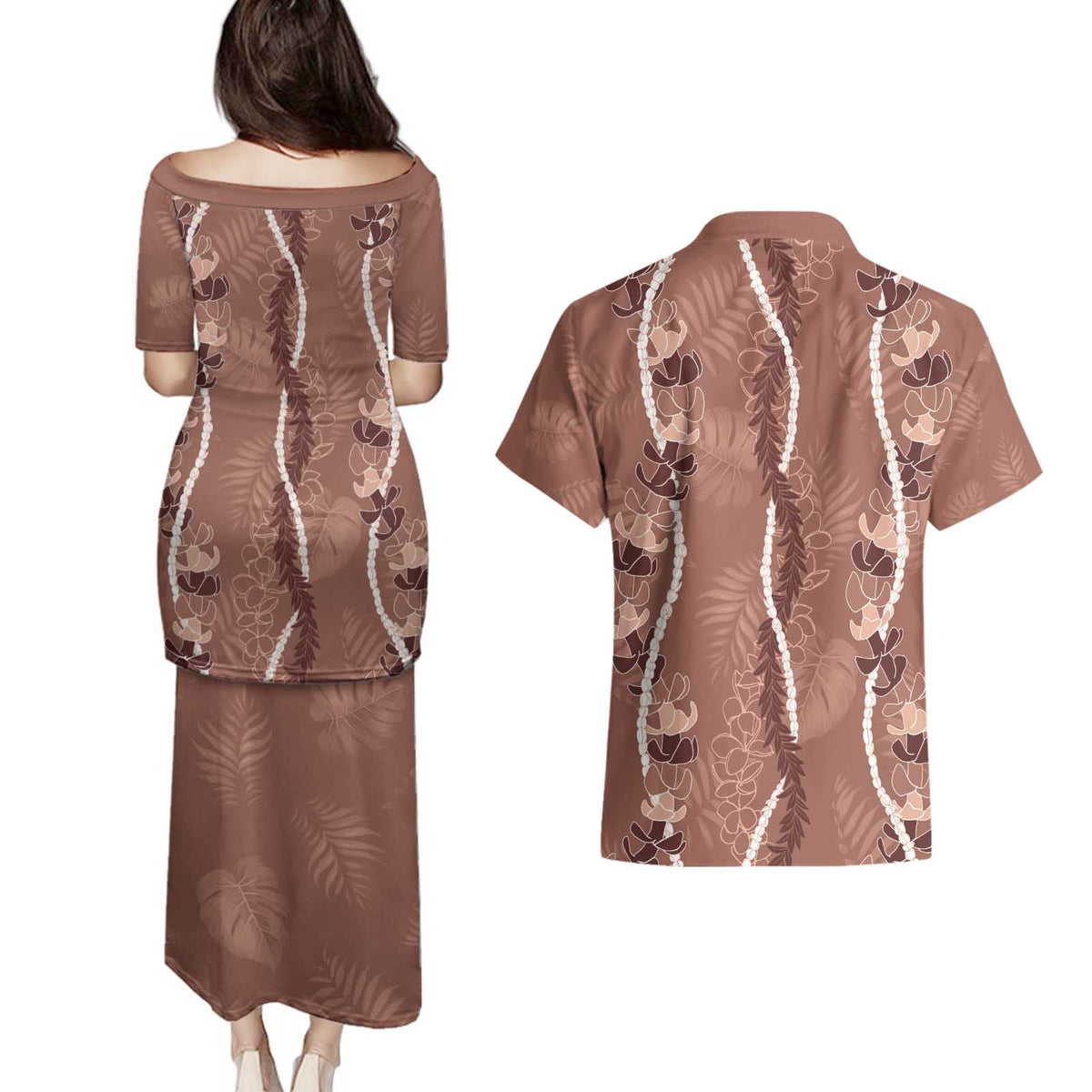 Hawaii Maile Lei Couples Matching Puletasi and Hawaiian Shirt With Brown Monstera Pattern