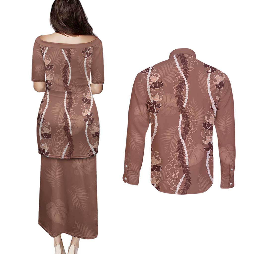 Hawaii Maile Lei Couples Matching Puletasi and Long Sleeve Button Shirt With Brown Monstera Pattern LT05 - Polynesian Pride