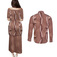 Hawaii Maile Lei Couples Matching Puletasi and Long Sleeve Button Shirt With Brown Monstera Pattern LT05 - Polynesian Pride