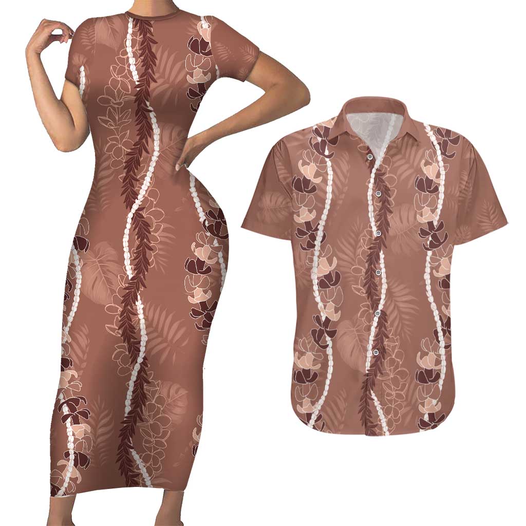 Hawaii Maile Lei Couples Matching Short Sleeve Bodycon Dress and Hawaiian Shirt With Brown Monstera Pattern LT05 Brown - Polynesian Pride