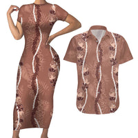 Hawaii Maile Lei Couples Matching Short Sleeve Bodycon Dress and Hawaiian Shirt With Brown Monstera Pattern LT05 Brown - Polynesian Pride