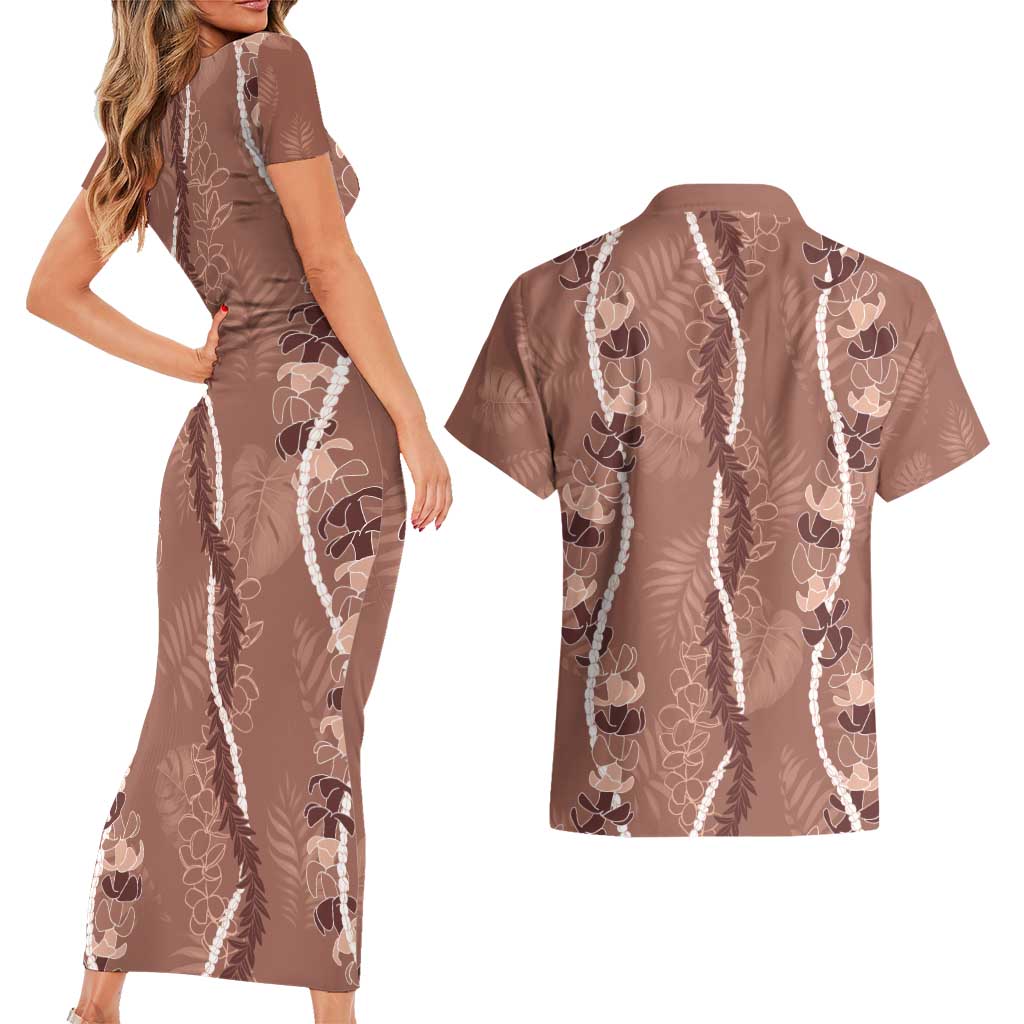 Hawaii Maile Lei Couples Matching Short Sleeve Bodycon Dress and Hawaiian Shirt With Brown Monstera Pattern LT05 - Polynesian Pride