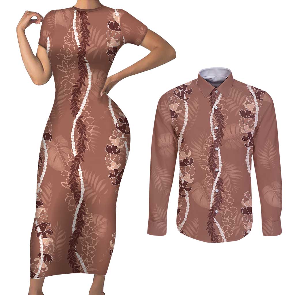 Hawaii Maile Lei Couples Matching Short Sleeve Bodycon Dress and Long Sleeve Button Shirt With Brown Monstera Pattern LT05 Brown - Polynesian Pride