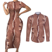 Hawaii Maile Lei Couples Matching Short Sleeve Bodycon Dress and Long Sleeve Button Shirt With Brown Monstera Pattern LT05 Brown - Polynesian Pride