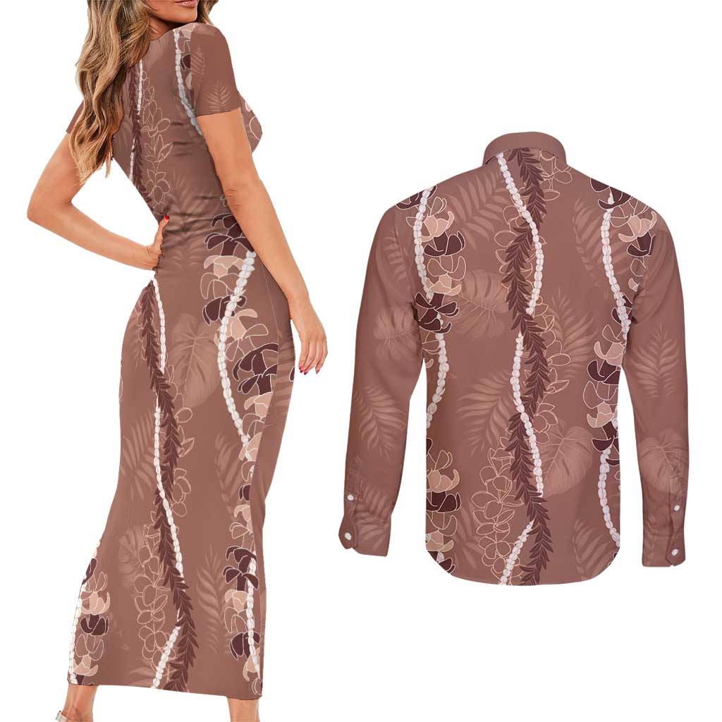 Hawaii Maile Lei Couples Matching Short Sleeve Bodycon Dress and Long Sleeve Button Shirt With Brown Monstera Pattern LT05 - Polynesian Pride
