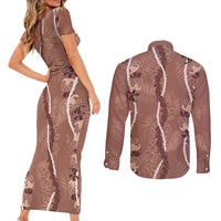 Hawaii Maile Lei Couples Matching Short Sleeve Bodycon Dress and Long Sleeve Button Shirt With Brown Monstera Pattern LT05 - Polynesian Pride