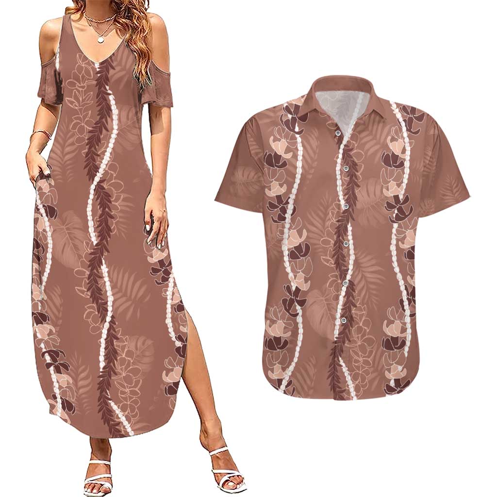 Hawaii Maile Lei Couples Matching Summer Maxi Dress and Hawaiian Shirt With Brown Monstera Pattern LT05 Brown - Polynesian Pride
