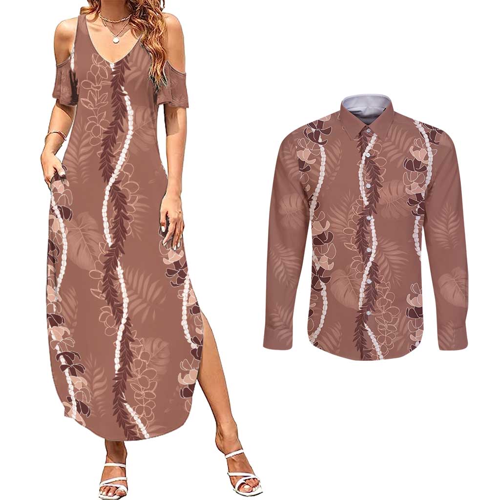 Hawaii Maile Lei Couples Matching Summer Maxi Dress and Long Sleeve Button Shirt With Brown Monstera Pattern LT05 Brown - Polynesian Pride