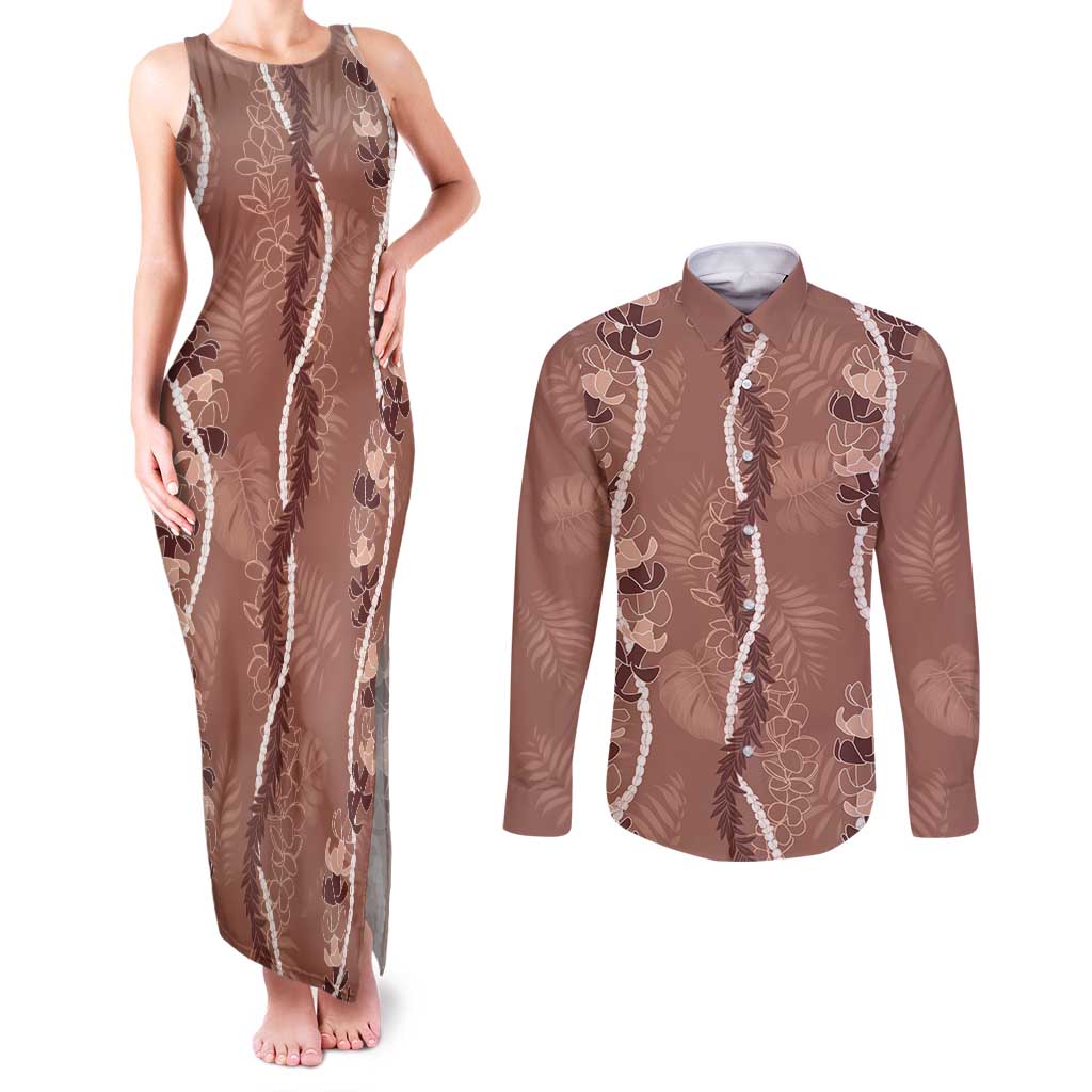 Hawaii Maile Lei Couples Matching Tank Maxi Dress and Long Sleeve Button Shirt With Brown Monstera Pattern LT05 Brown - Polynesian Pride