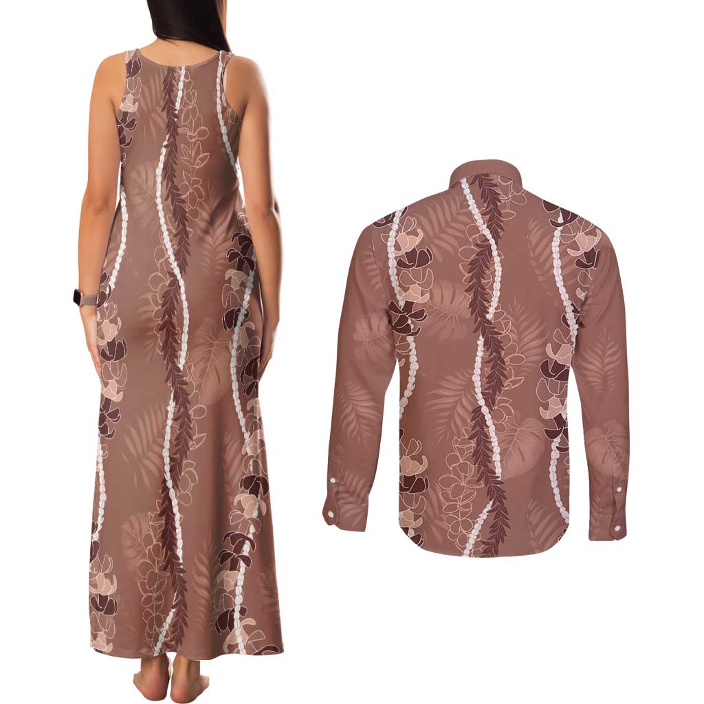 Hawaii Maile Lei Couples Matching Tank Maxi Dress and Long Sleeve Button Shirt With Brown Monstera Pattern LT05 - Polynesian Pride
