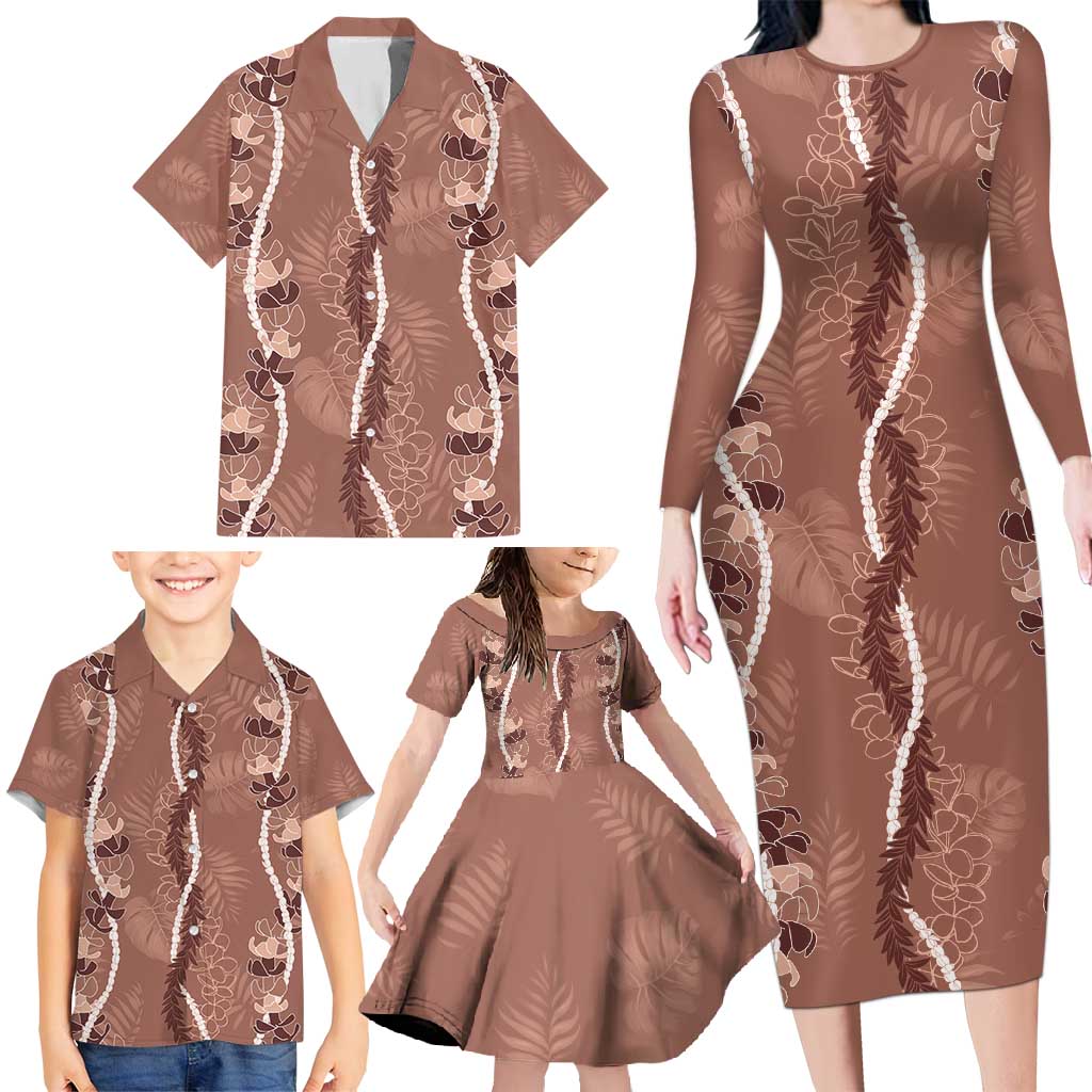 Hawaii Maile Lei Family Matching Long Sleeve Bodycon Dress and Hawaiian Shirt With Brown Monstera Pattern