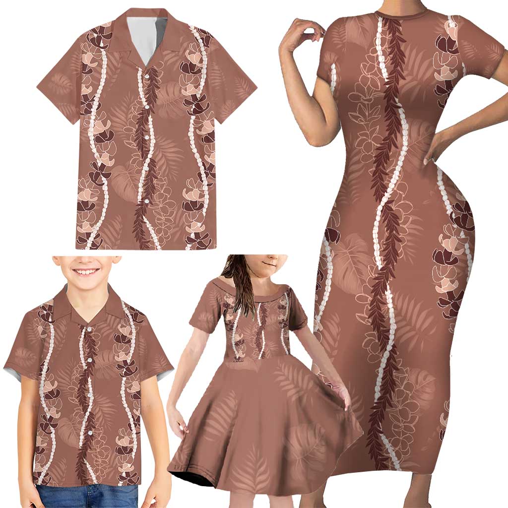 Hawaii Maile Lei Family Matching Short Sleeve Bodycon Dress and Hawaiian Shirt With Brown Monstera Pattern