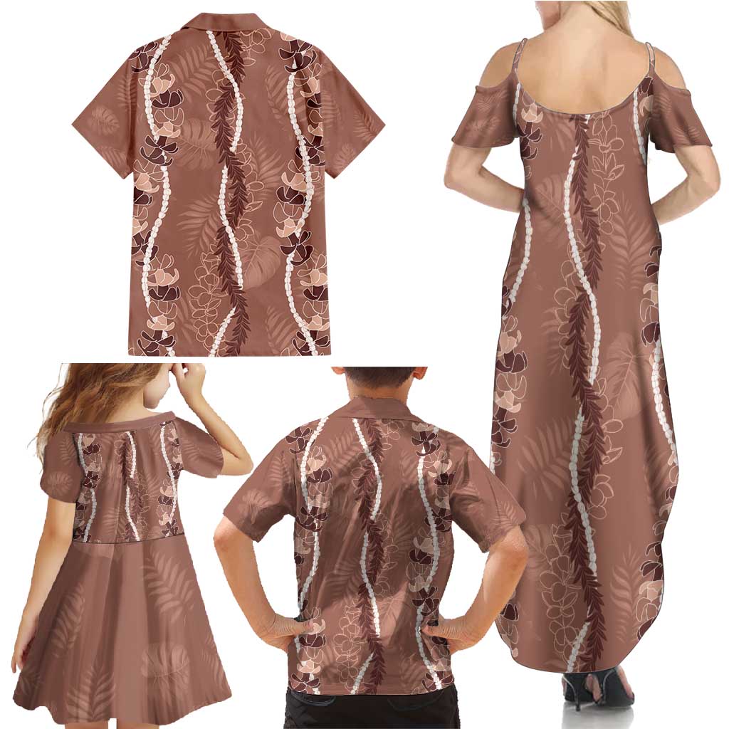 Hawaii Maile Lei Family Matching Summer Maxi Dress and Hawaiian Shirt With Brown Monstera Pattern