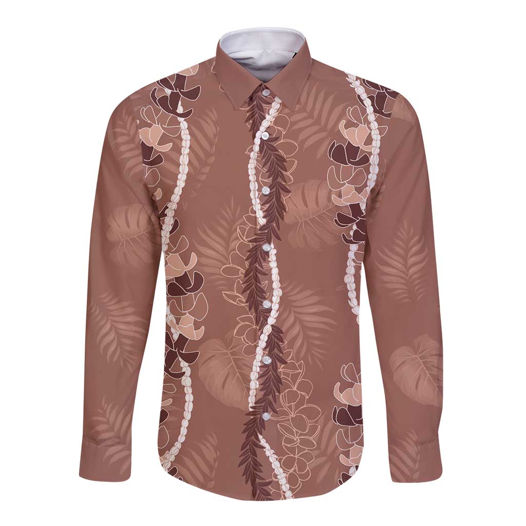 Hawaii Maile Lei Long Sleeve Button Shirt With Brown Monstera Pattern LT05 Unisex Brown - Polynesian Pride