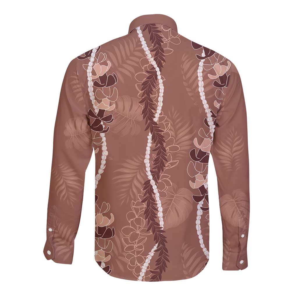 Hawaii Maile Lei Long Sleeve Button Shirt With Brown Monstera Pattern LT05 - Polynesian Pride