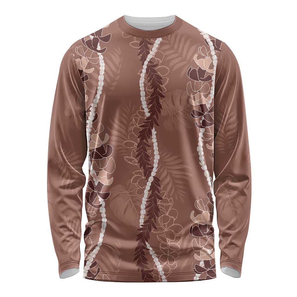 Hawaii Maile Lei Long Sleeve Shirt With Brown Monstera Pattern LT05 Unisex Brown - Polynesian Pride