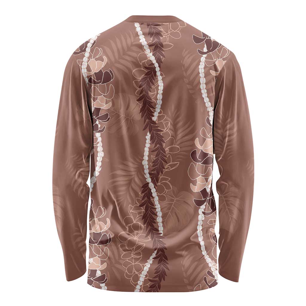 Hawaii Maile Lei Long Sleeve Shirt With Brown Monstera Pattern LT05 - Polynesian Pride