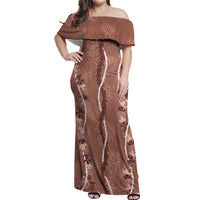 Hawaii Maile Lei Off Shoulder Maxi Dress With Brown Monstera Pattern LT05 Women Brown - Polynesian Pride