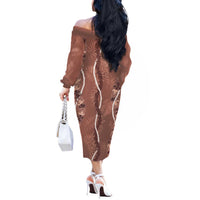Hawaii Maile Lei Off The Shoulder Long Sleeve Dress With Brown Monstera Pattern LT05 - Polynesian Pride