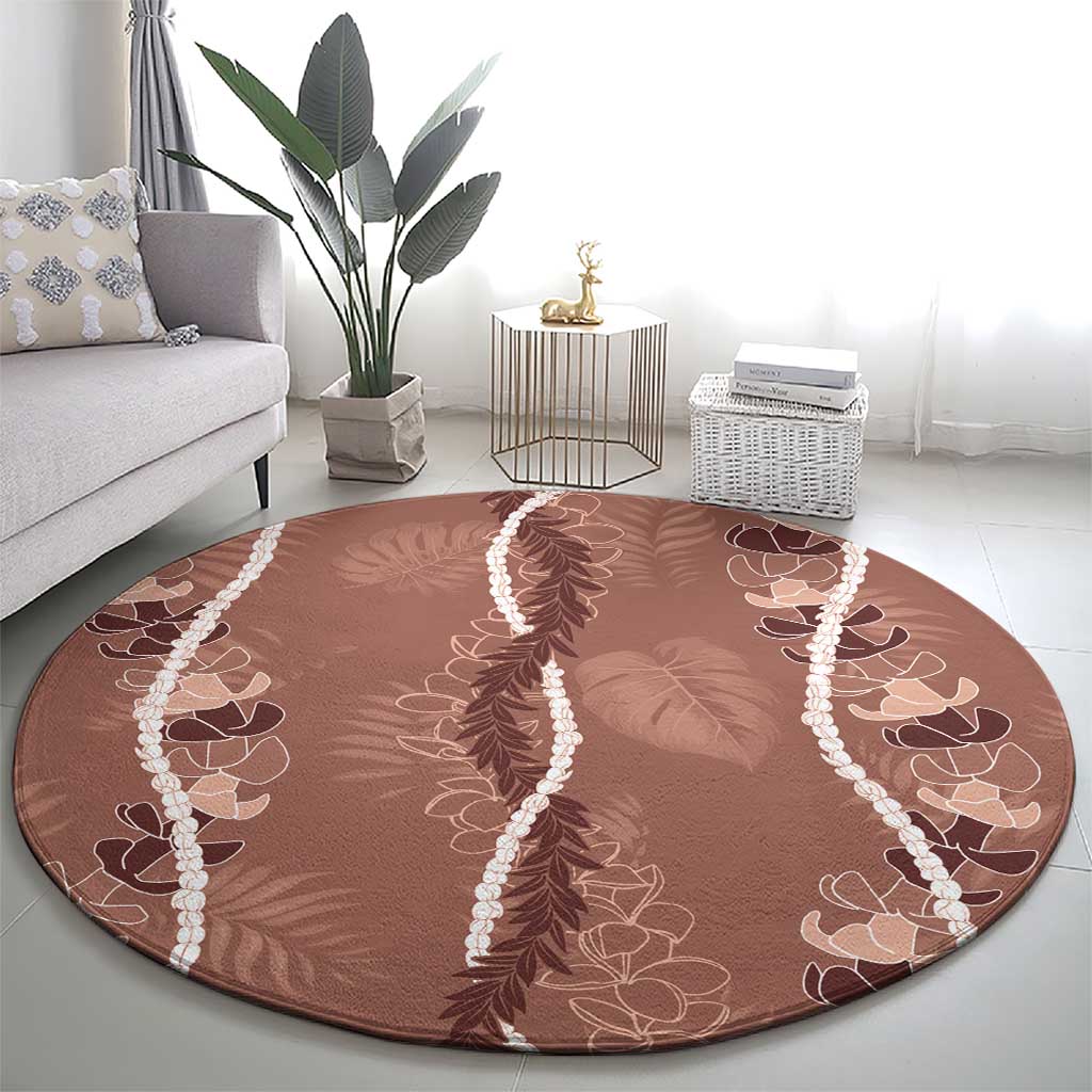 Hawaii Maile Lei Round Carpet With Brown Monstera Pattern