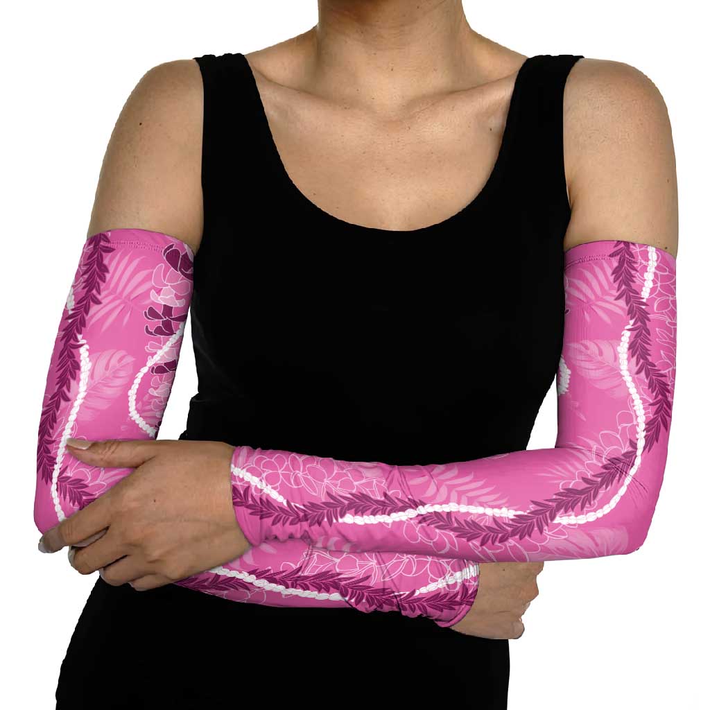 Hawaii Maile Lei Arm Sleeves With Pink Monstera Pattern - Polynesian Pride